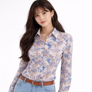 Land's End Blue Bird No Iron Supima Cotton Button Down Blouse SZ: 8T